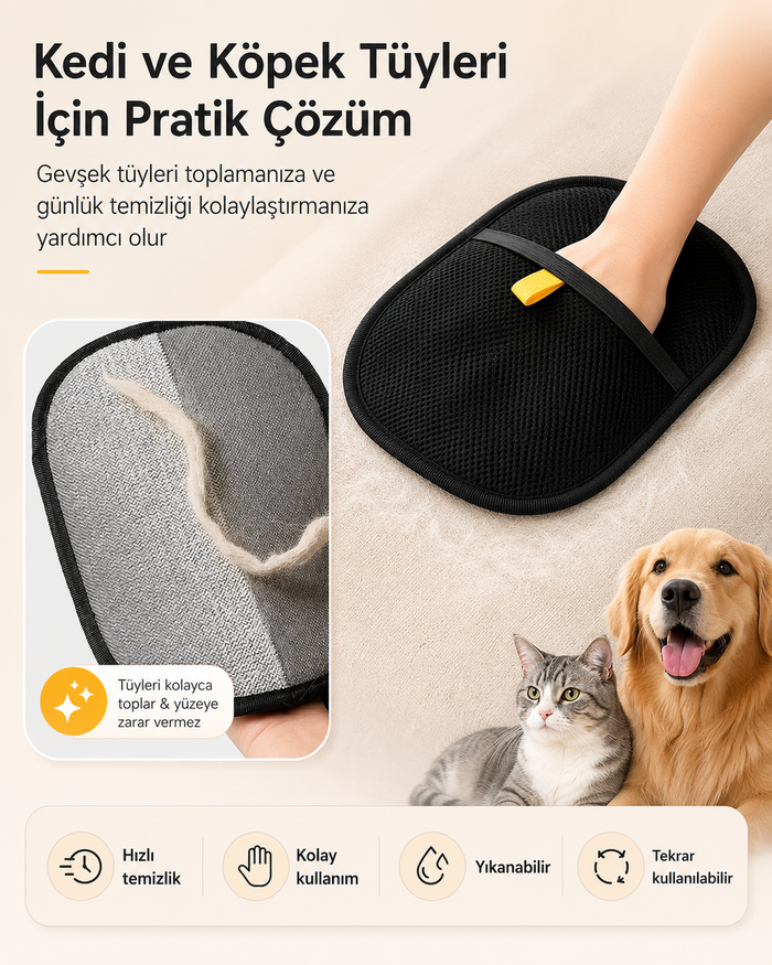 Kedi ve Köpekler İçin Yıkanabilir Tüy Toplama Eldiveni