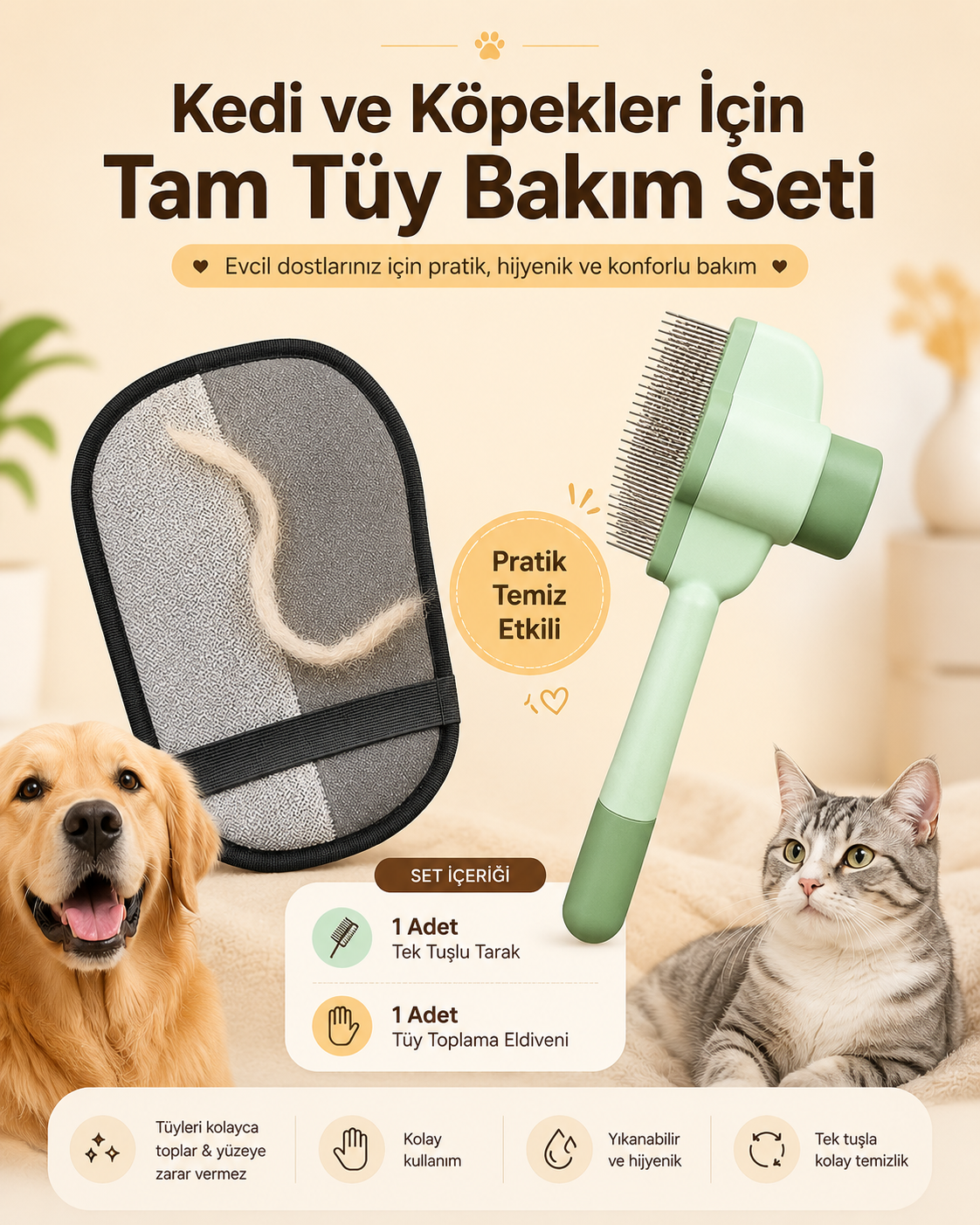 Kedi ve Köpekler İçin Tam Tüy Bakım Seti