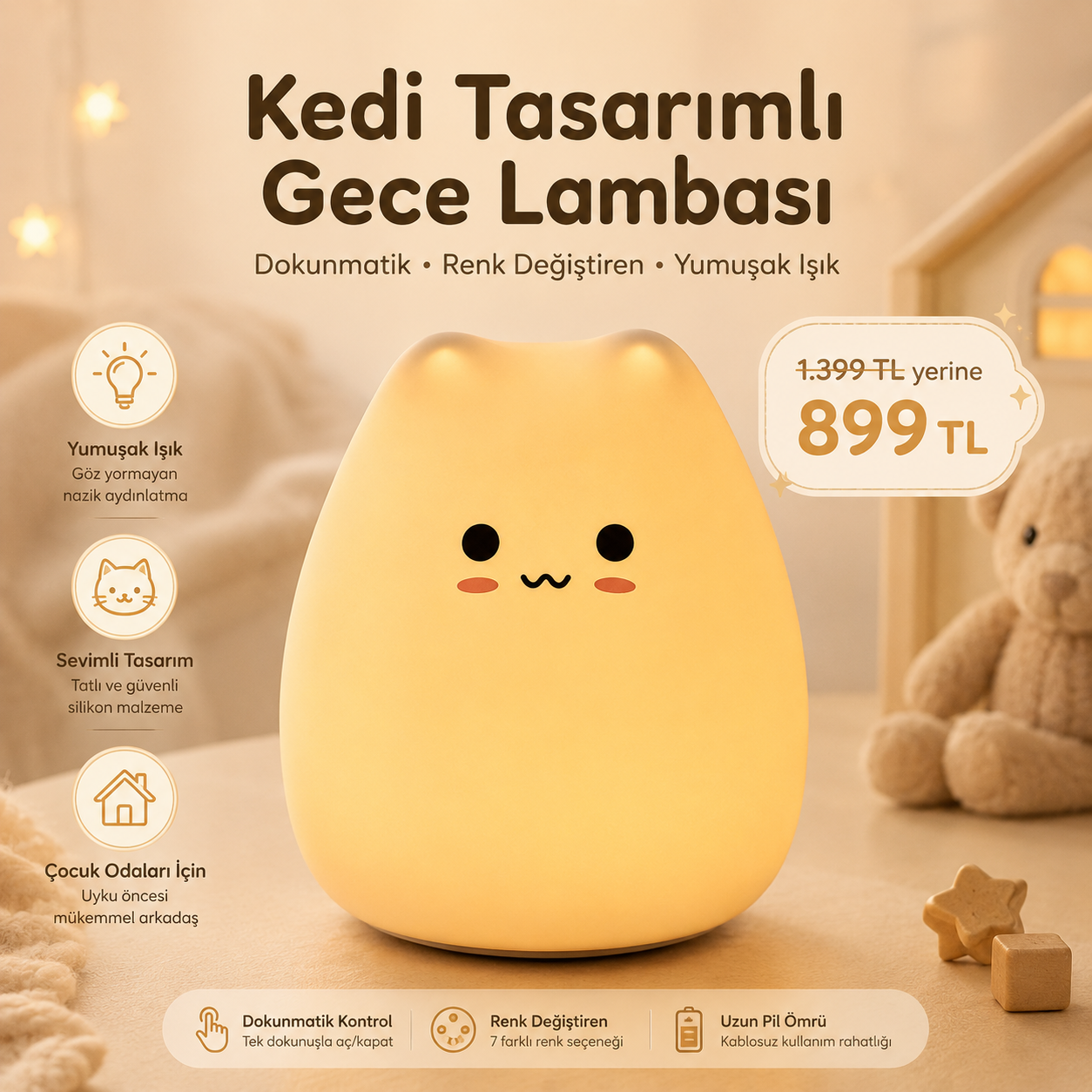 Kedi Tasarımlı Renk Değiştiren Dokunmatik Gece Lambası