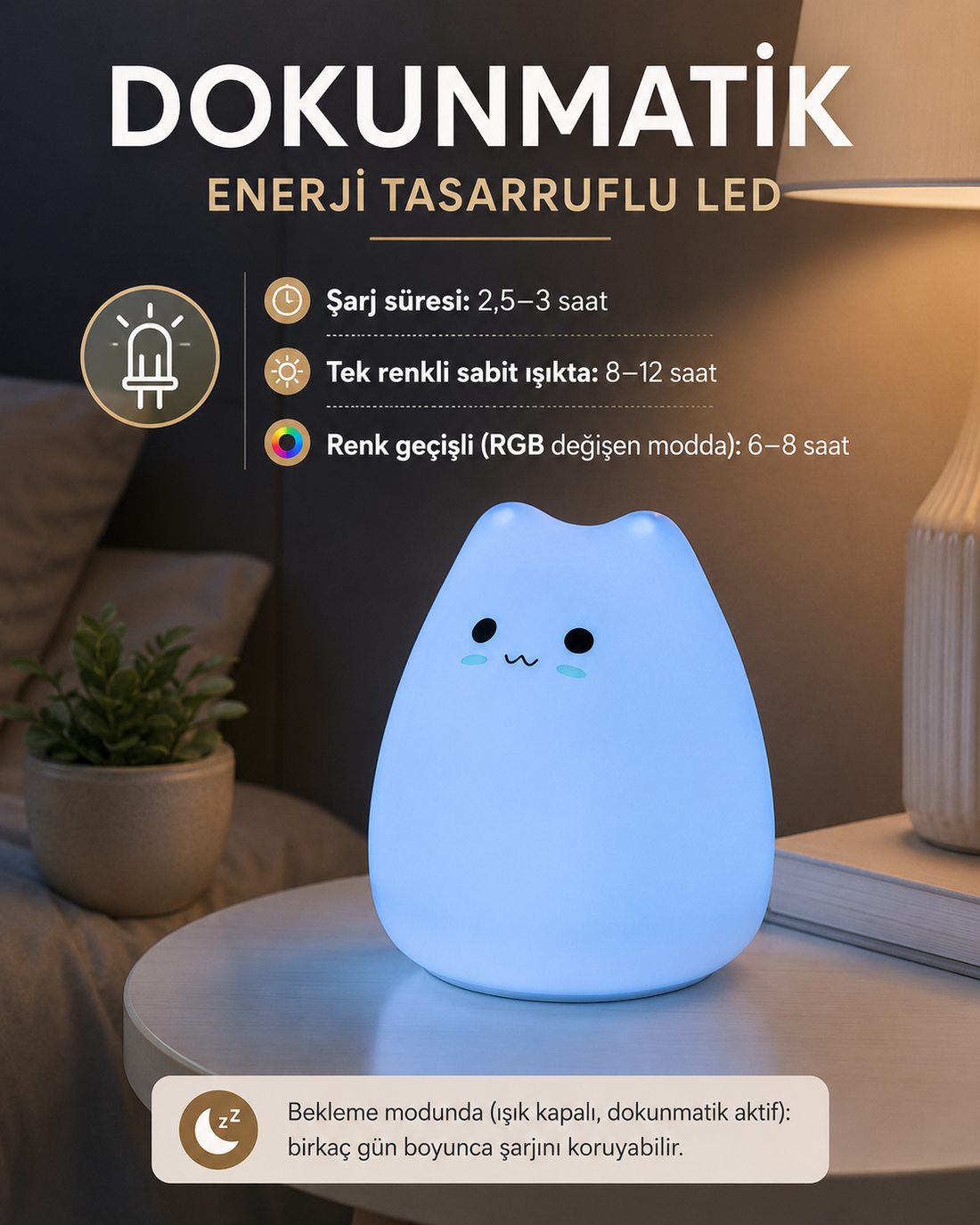1200 mAh bataryalı gece lambası