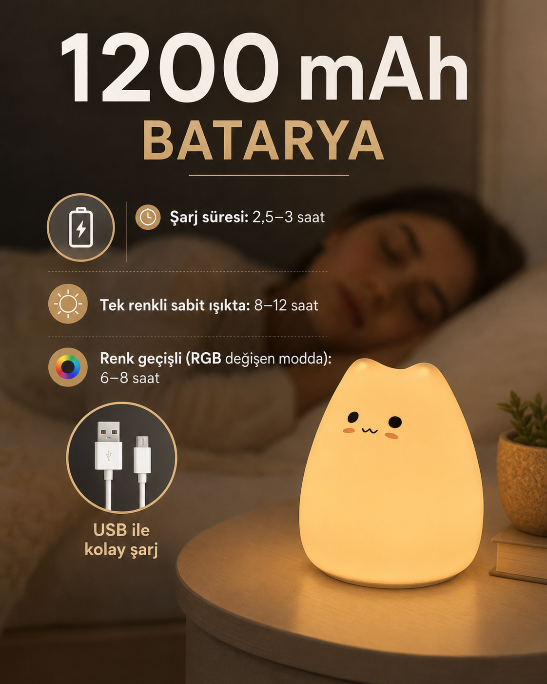 Kedi Tasarımlı Renk Değiştiren Dokunmatik Gece Lambası