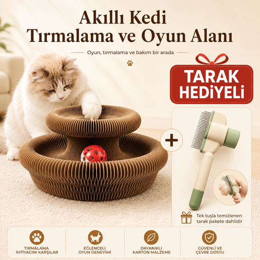 Akıllı Kedi Tırmalama ve Oyun Alanı – Tek Tuşlu Tarak Hediyeli